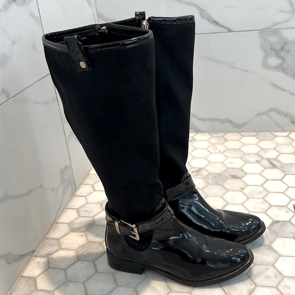❌ CLEARANCE STUDIO F Black Patent Leather Riding Boot With Silver Buckle Sz 6 - Picture 1 of 12
